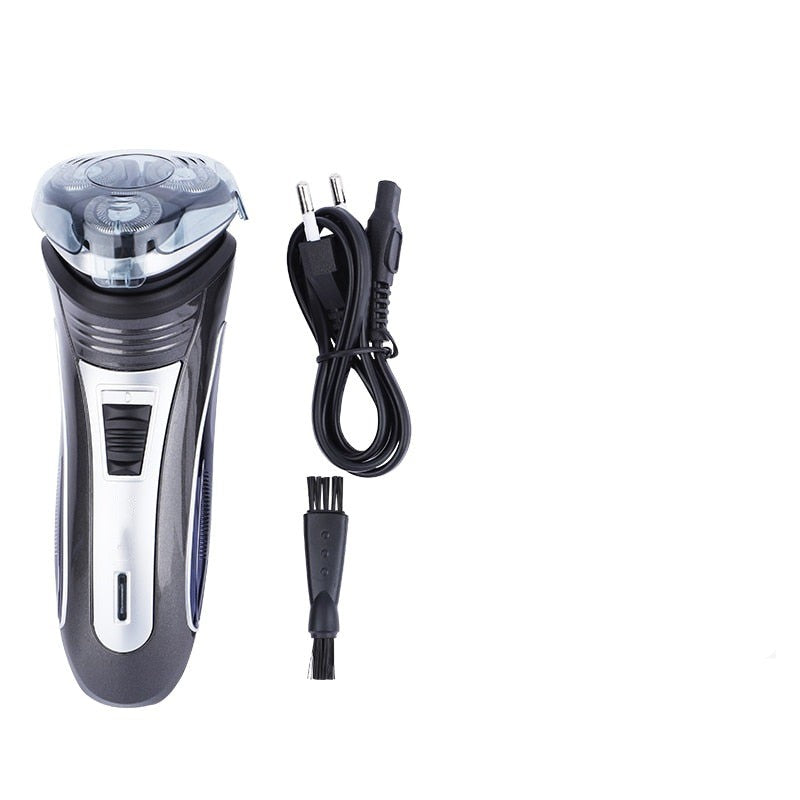 Electric shaver for men featuring 3D floating heads and integrated pop-up trimmer, designed for precision and comfort.