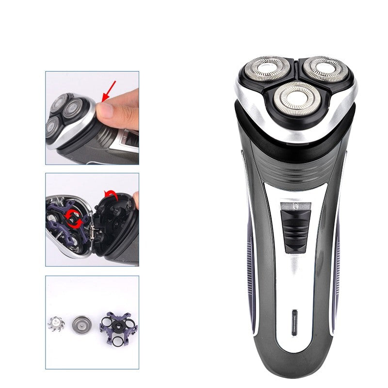 Electric shaver for men featuring 3D floating heads and integrated pop-up trimmer, designed for precision and comfort.