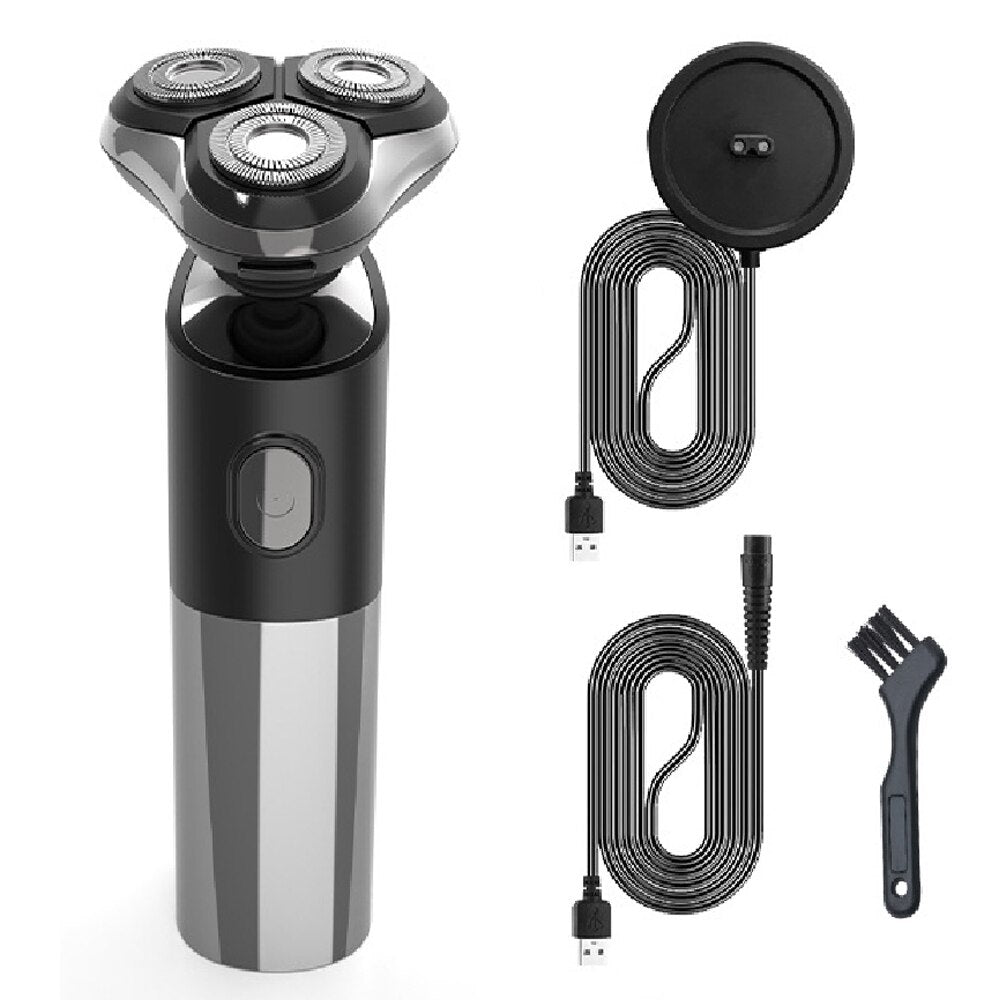 Electric shaver for men with 3D cutter head, charging base, and accessories including cleaning brush and USB cable.