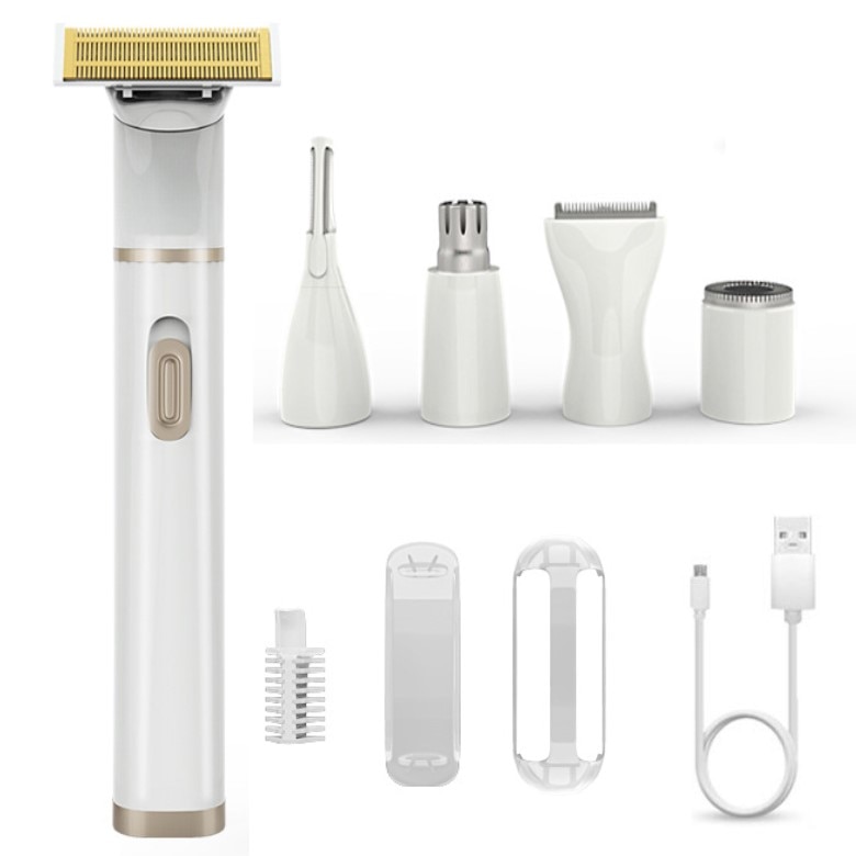 Electric shaver for women featuring multiple grooming heads for bikini trimming, eyebrow shaping, and facial hair removal.