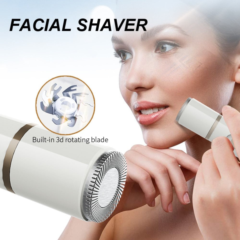 Electric shaver for women featuring multiple grooming heads for bikini trimming, eyebrow shaping, and facial hair removal.