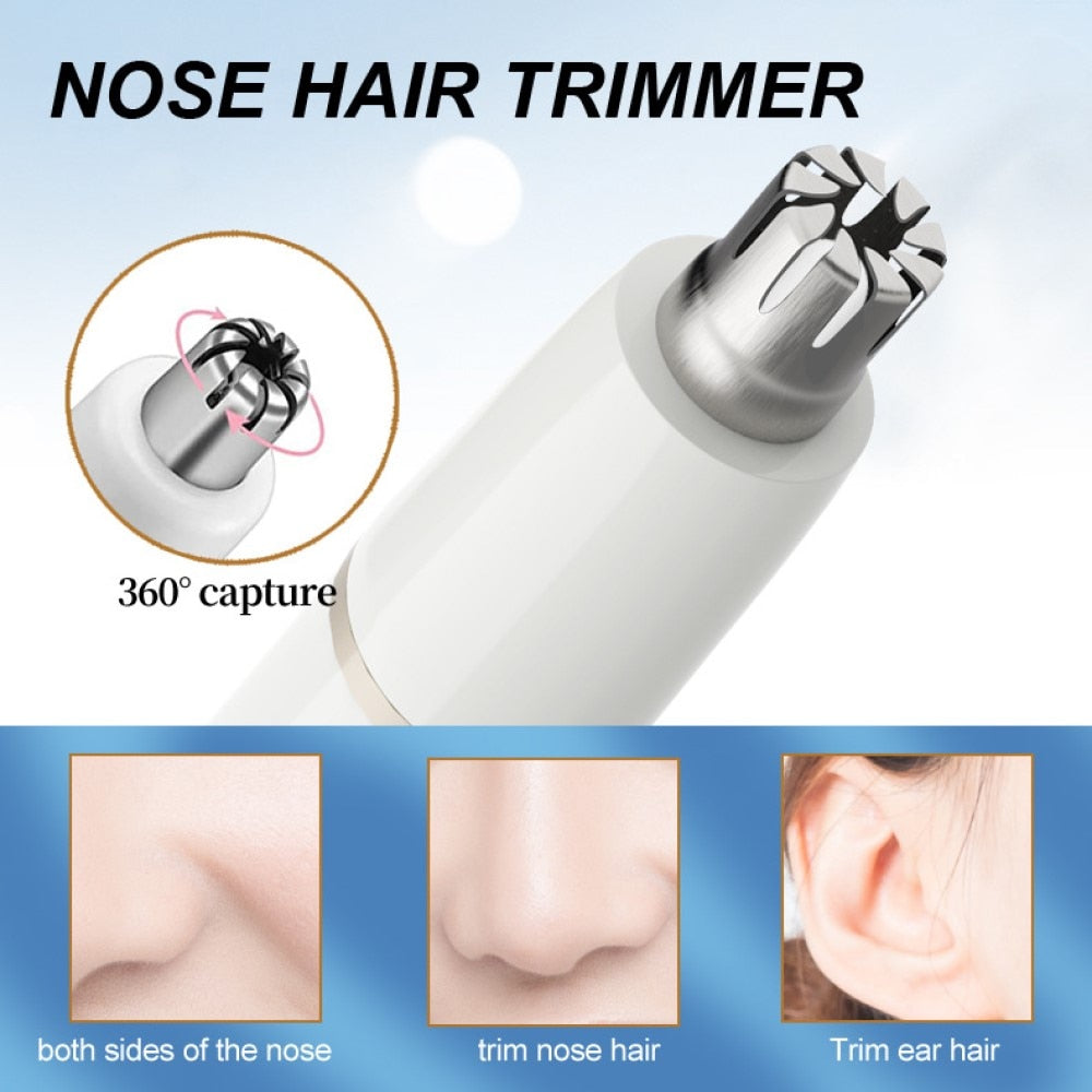 Electric shaver for women featuring multiple grooming heads for bikini trimming, eyebrow shaping, and facial hair removal.