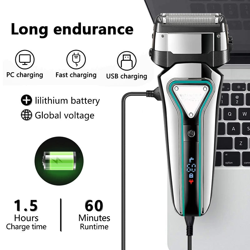 Electric Shaver Professional Razor with floating cutter head and LED display, designed for waterproof use and precision shaving.