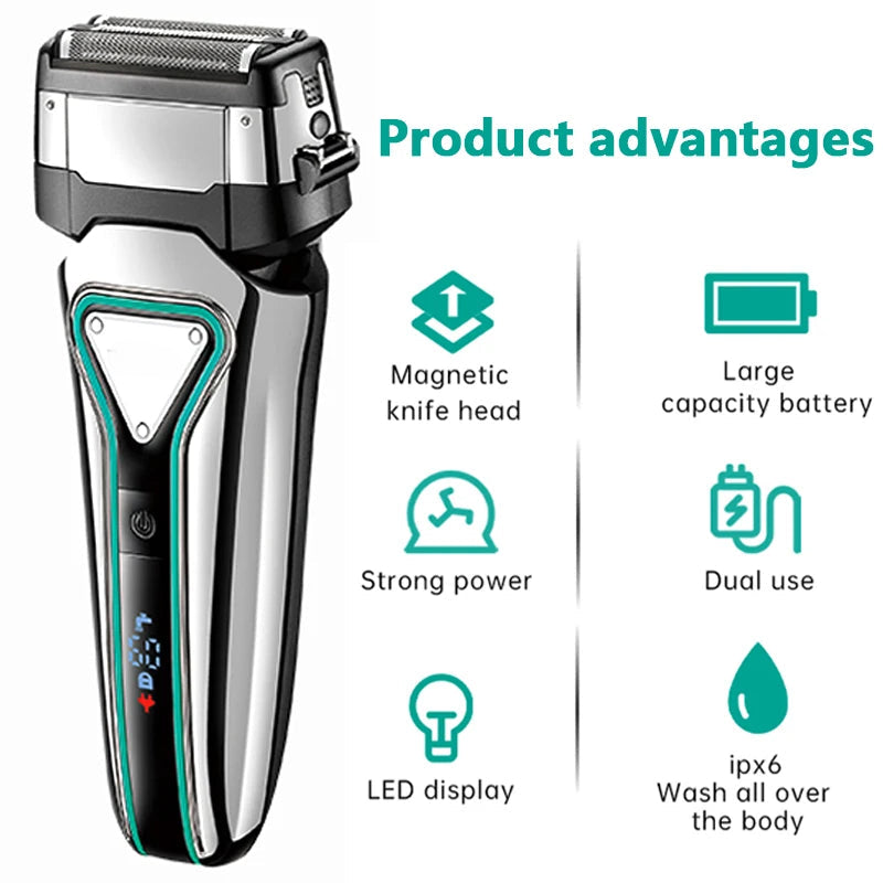 Electric Shaver Professional Razor with floating cutter head and LED display, designed for waterproof use and precision shaving.