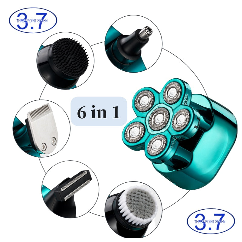 Electric Shaver Razor for Men with multiple attachments including trimmer heads and cleaning brush, showcasing its sleek design and LED display.