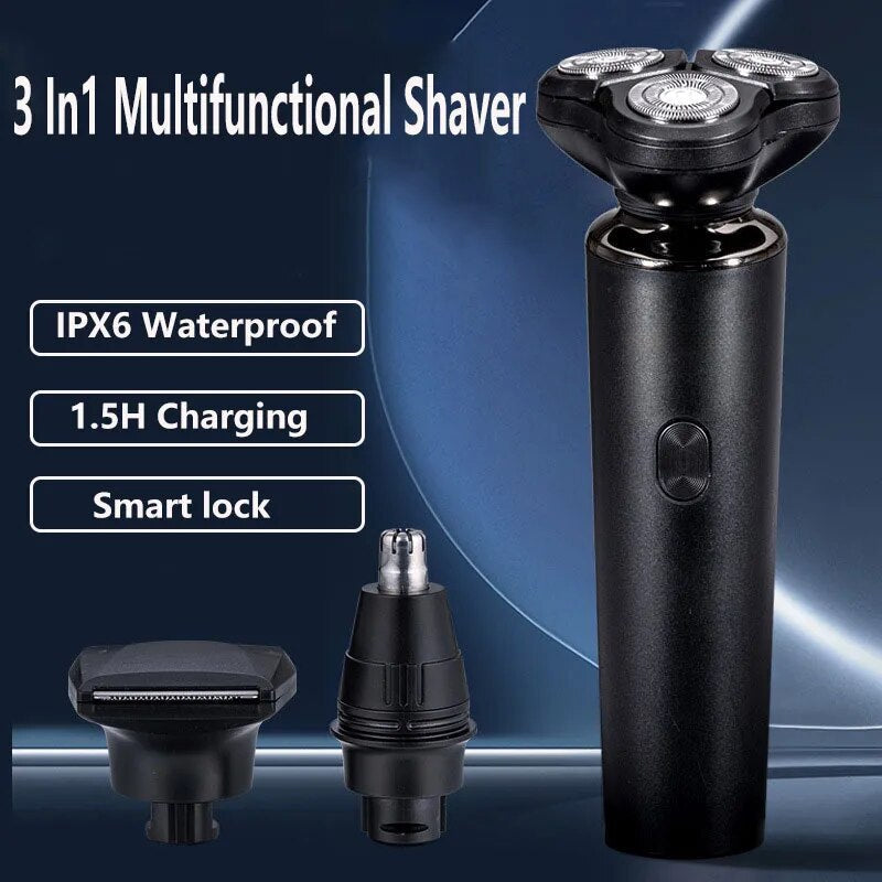 Electric Shaver Razor with three floating cutter heads, USB charging cable, and cleaning brush, designed for wet and dry use.