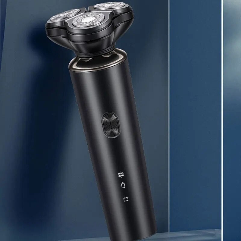 Electric Shaver Razor with three floating cutter heads, USB charging cable, and cleaning brush, designed for wet and dry use.