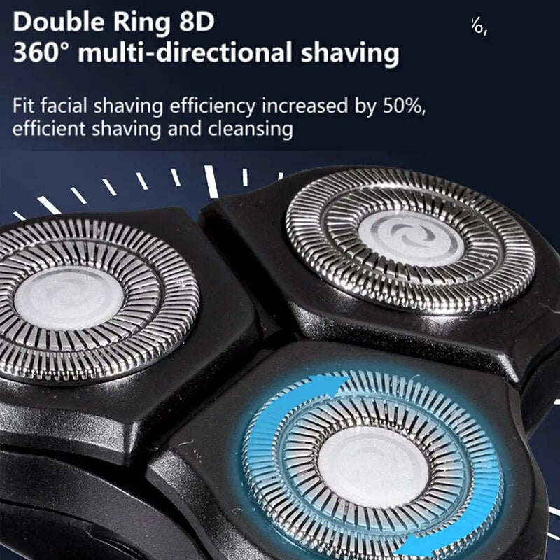 Electric Shaver Razor with three floating cutter heads, USB charging cable, and cleaning brush, designed for wet and dry use.