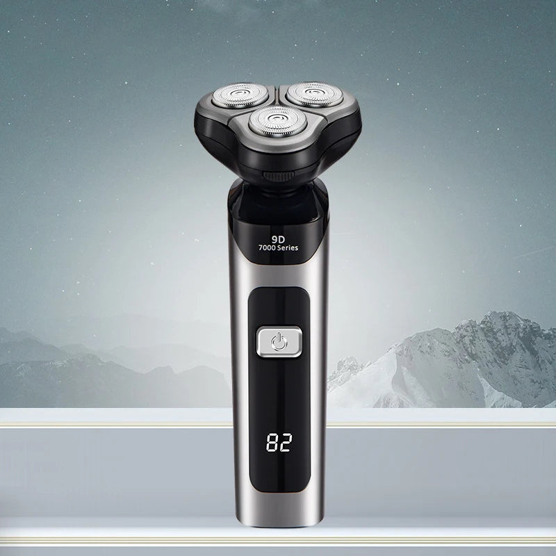 Electric shaver for men featuring a 3D floating blade design, USB charging port, and a transparent power display.