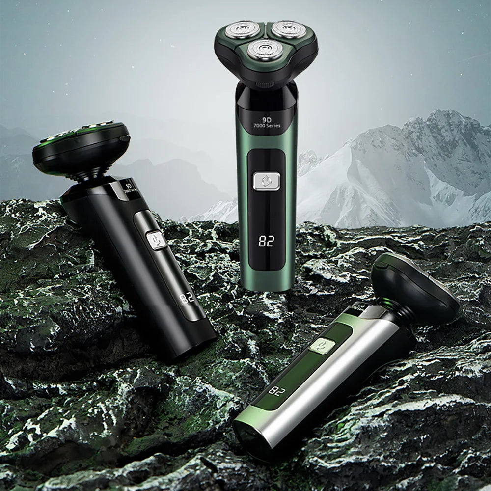 Electric shaver for men featuring a 3D floating blade design, USB charging port, and a transparent power display.