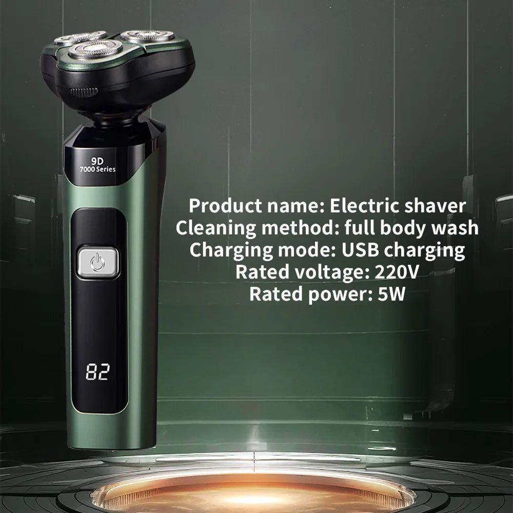 Electric shaver for men featuring a 3D floating blade design, USB charging port, and a transparent power display.