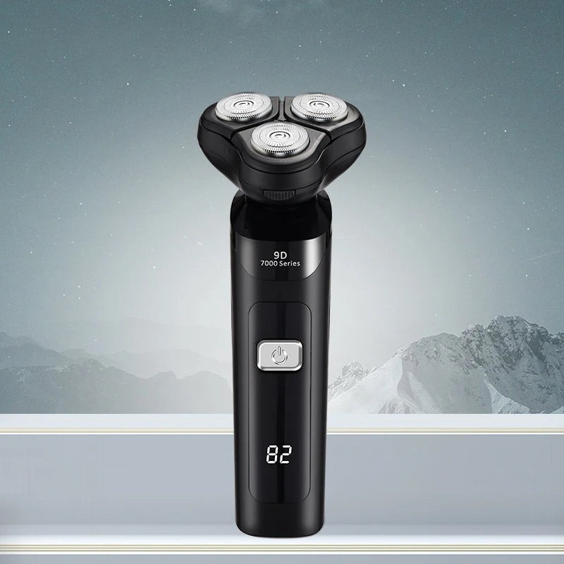 Electric shaver for men featuring a 3D floating blade design, USB charging port, and a transparent power display.