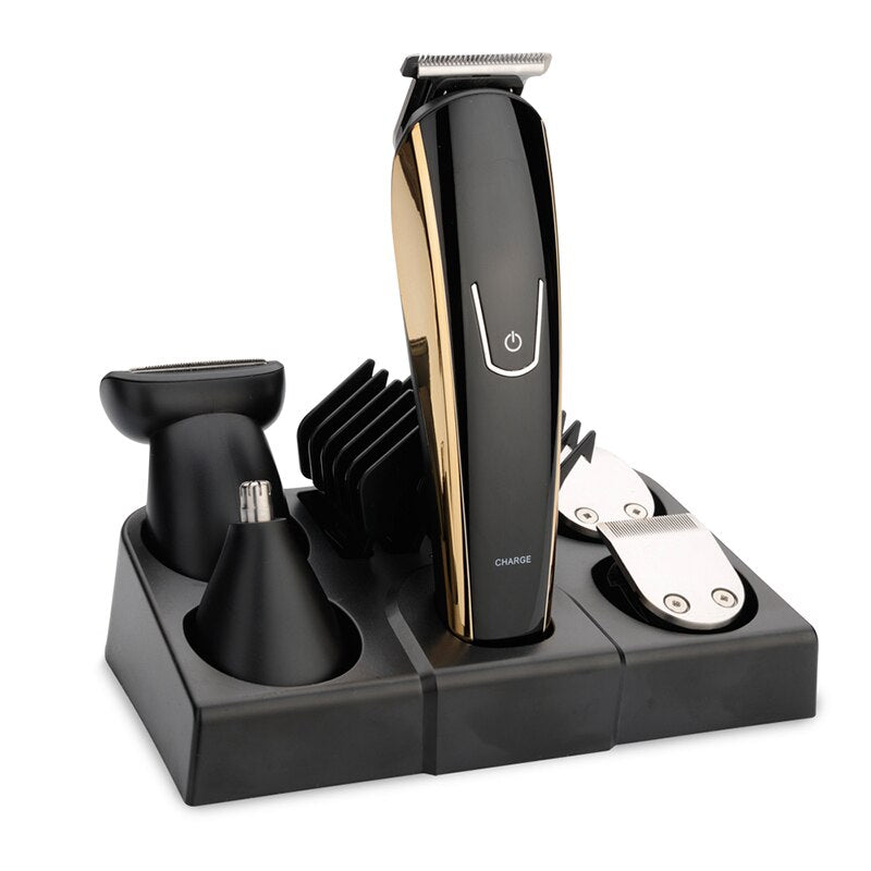 Electric shaver for men, waterproof design, featuring a sleek golden-black finish and multiple limit combs for versatile grooming.