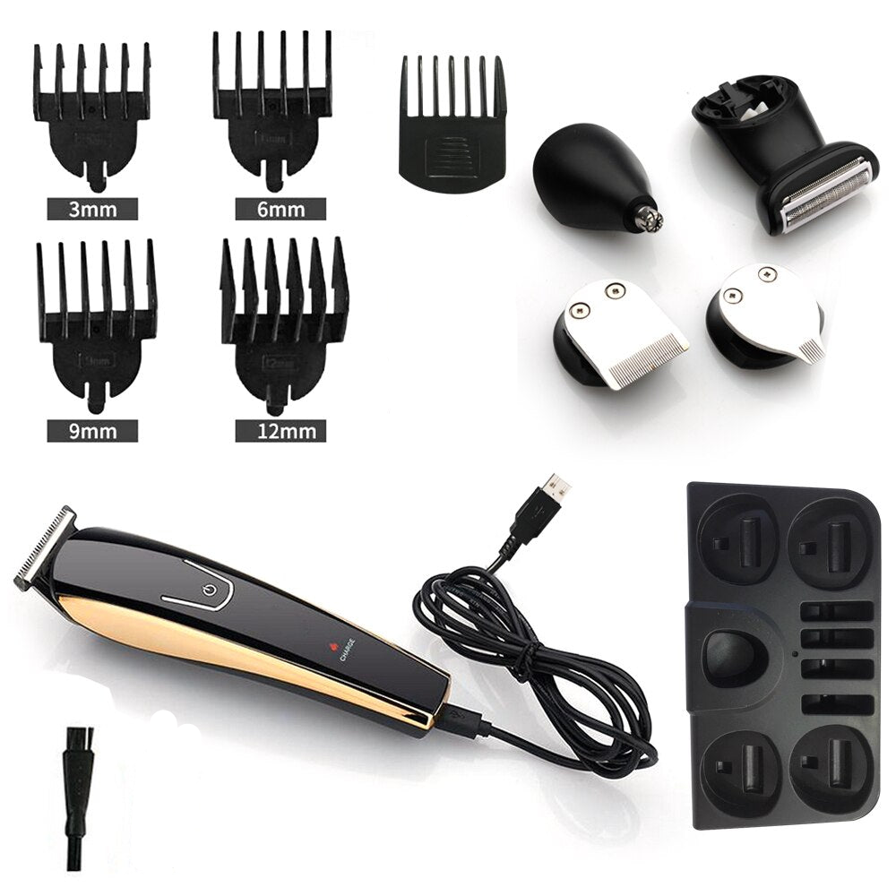 Electric shaver for men, waterproof design, featuring a sleek golden-black finish and multiple limit combs for versatile grooming.