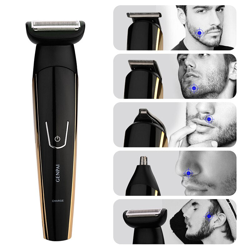 Electric shaver for men, waterproof design, featuring a sleek golden-black finish and multiple limit combs for versatile grooming.