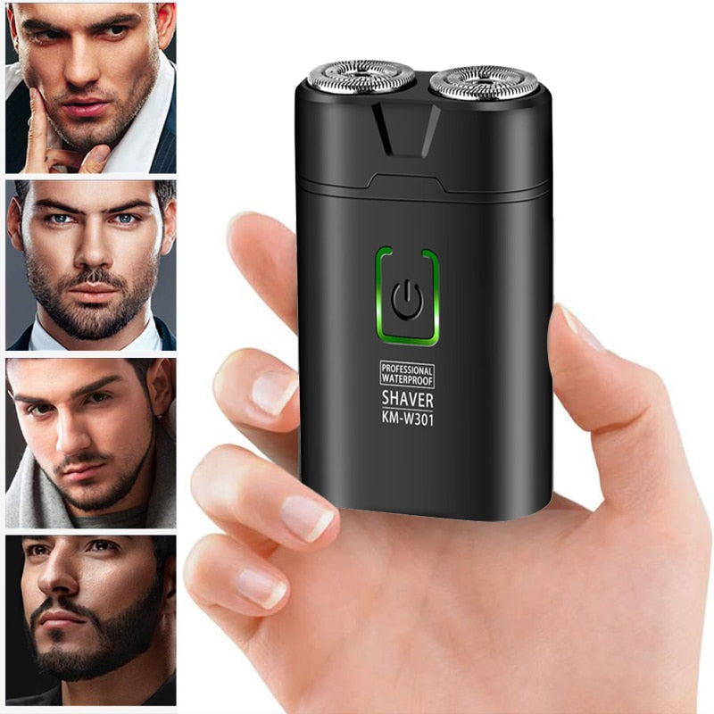 Electric Waterproof Shaver for Men, USB rechargeable, portable rotary design with stainless steel blades, ideal for smooth shaving.