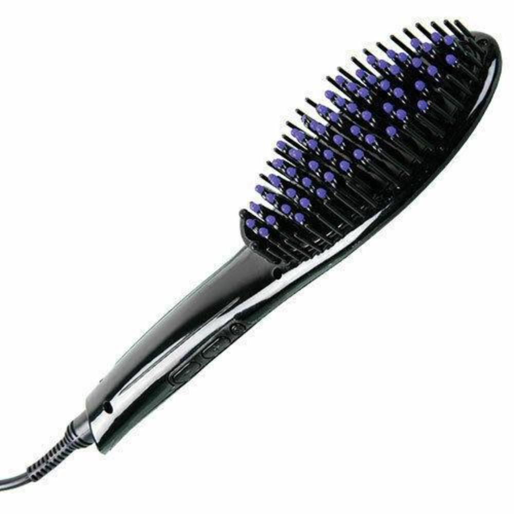 Electronic Hair Straightening Brush in black, featuring a ceramic iron straightener, detangling bristles, and LED temperature display.