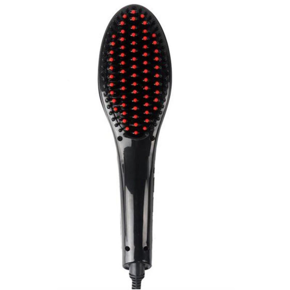 Electronic Hair Straightening Brush in black, featuring a ceramic iron straightener, detangling bristles, and LED temperature display.