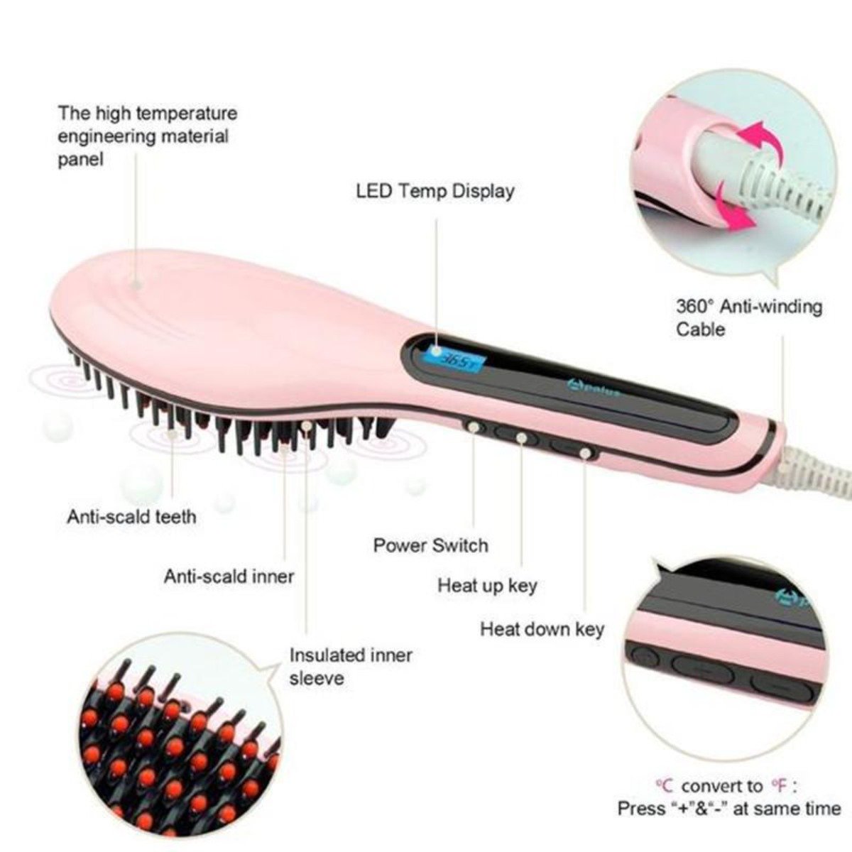 Electronic Hair Straightening Brush in black, featuring a ceramic iron straightener, detangling bristles, and LED temperature display.