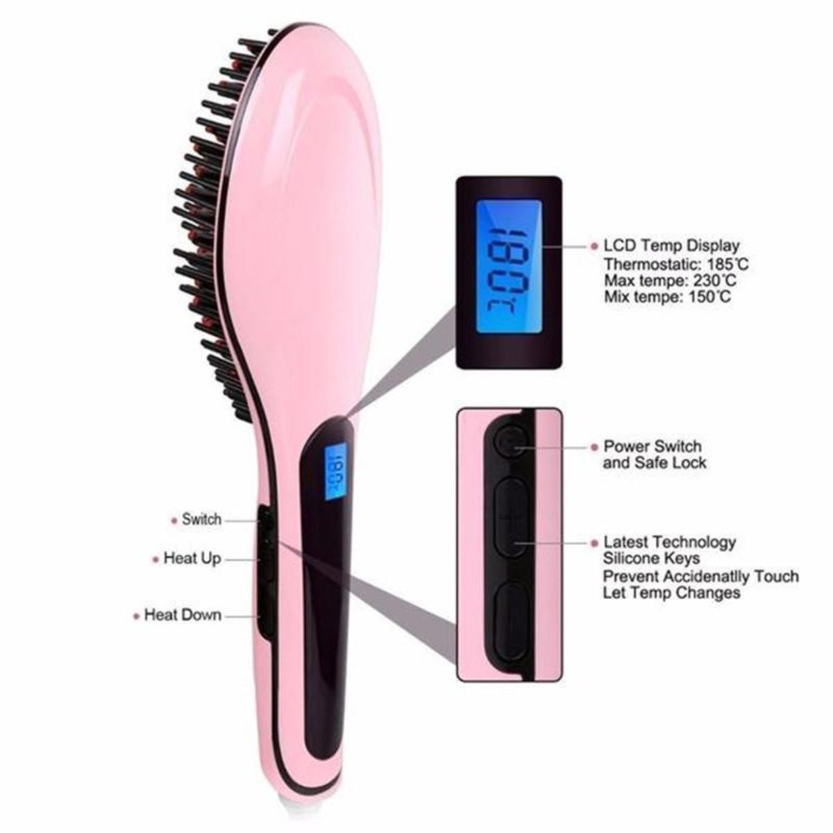 Electronic Hair Straightening Brush in black, featuring a ceramic iron straightener, detangling bristles, and LED temperature display.