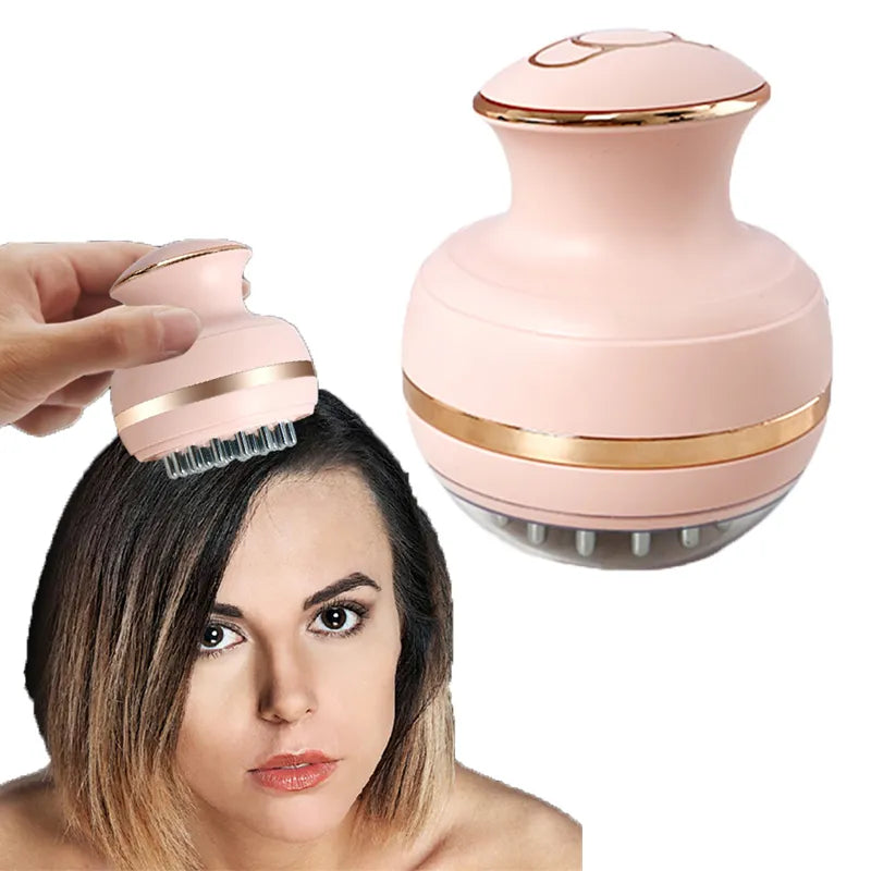 EMS Electric Head Massager in white, green, and pink colors, showcasing its ergonomic design and wireless features for scalp massage.