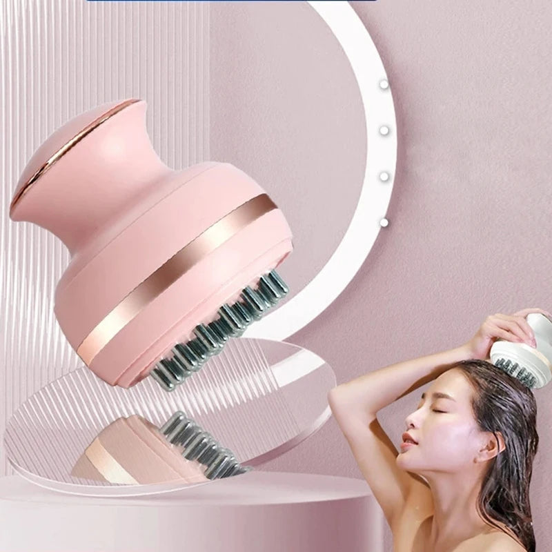 EMS Electric Head Massager in white, green, and pink colors, showcasing its ergonomic design and wireless features for scalp massage.