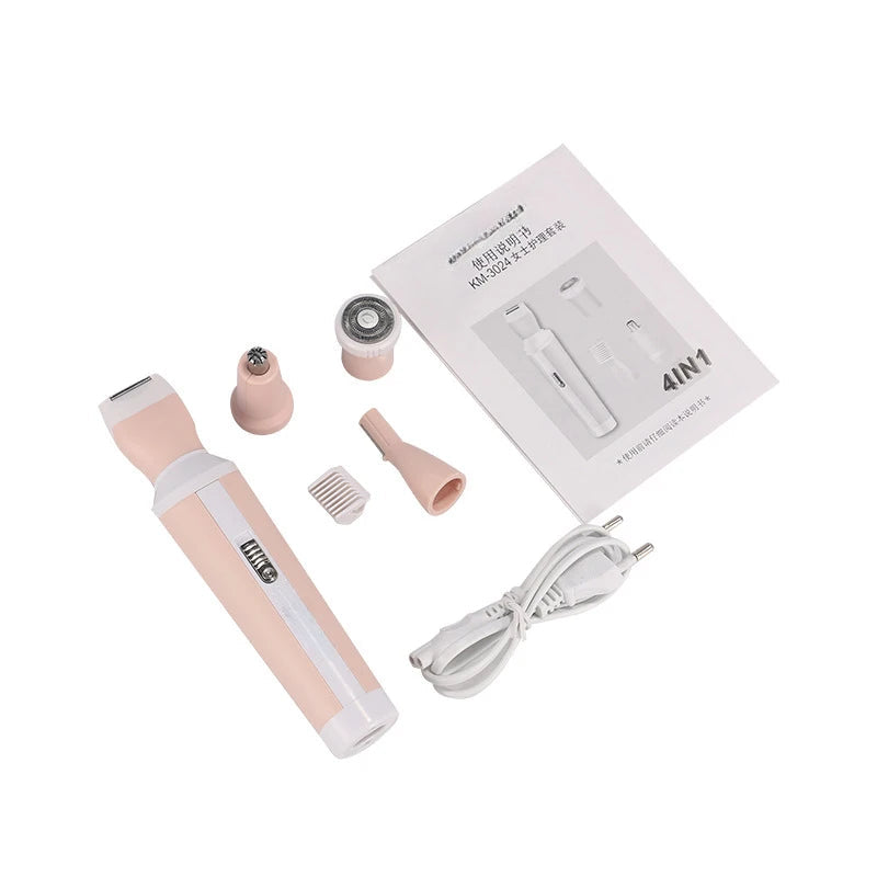 A pink 4 in 1 epilator shaver designed for women's facial hair removal, featuring a shaving head, nose hair trimmer, and eyebrow trimmer.