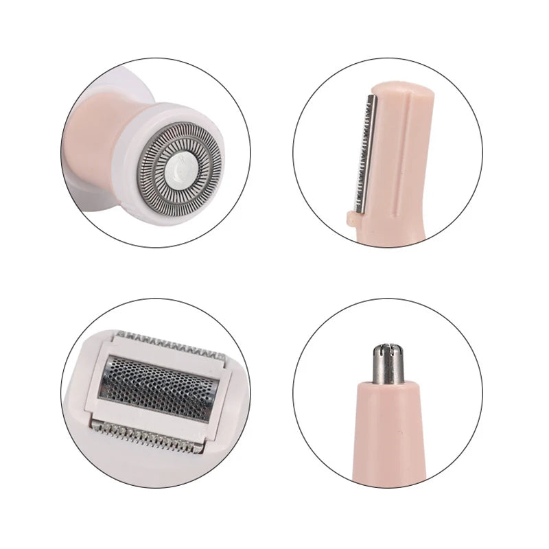 A pink 4 in 1 epilator shaver designed for women's facial hair removal, featuring a shaving head, nose hair trimmer, and eyebrow trimmer.