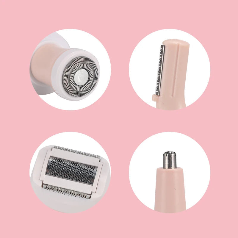 A pink 4 in 1 epilator shaver designed for women's facial hair removal, featuring a shaving head, nose hair trimmer, and eyebrow trimmer.