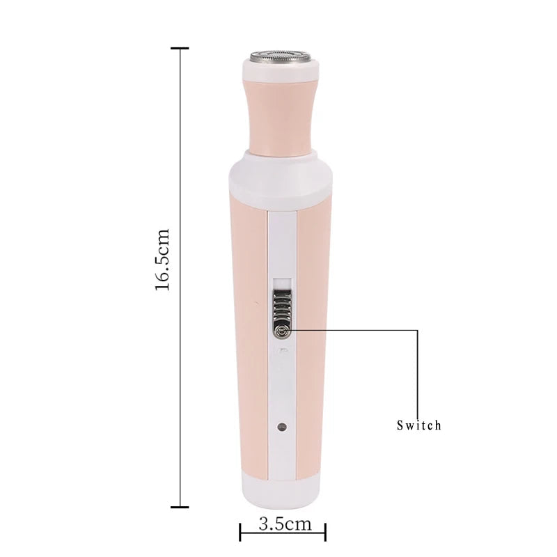 A pink 4 in 1 epilator shaver designed for women's facial hair removal, featuring a shaving head, nose hair trimmer, and eyebrow trimmer.