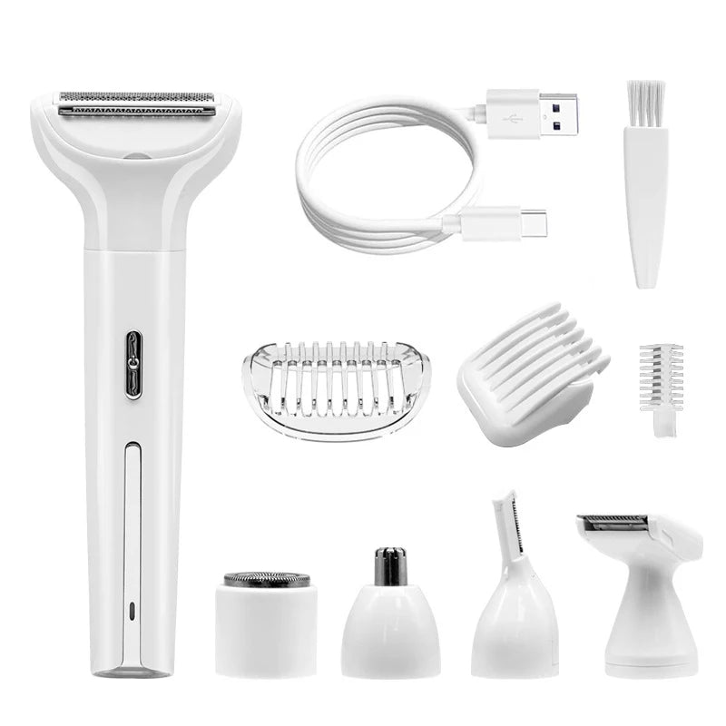 5 in 1 Electric Razor for Women with multiple trimming heads for facial hair removal and bikini trimming, showcasing its sleek design and functionality.