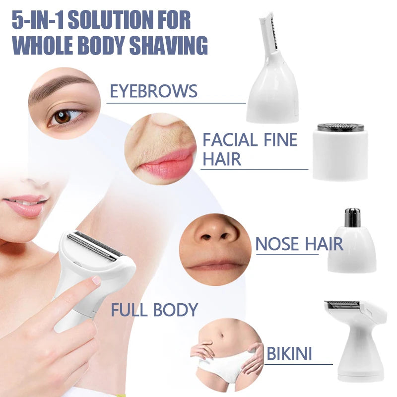 5 in 1 Electric Razor for Women with multiple trimming heads for facial hair removal and bikini trimming, showcasing its sleek design and functionality.