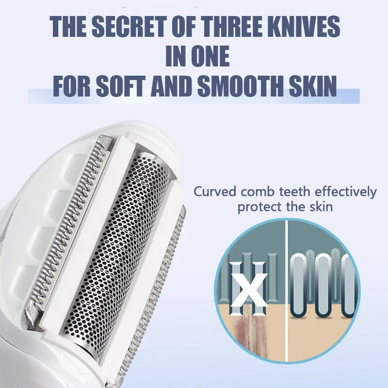 5 in 1 Electric Razor for Women with multiple trimming heads for facial hair removal and bikini trimming, showcasing its sleek design and functionality.