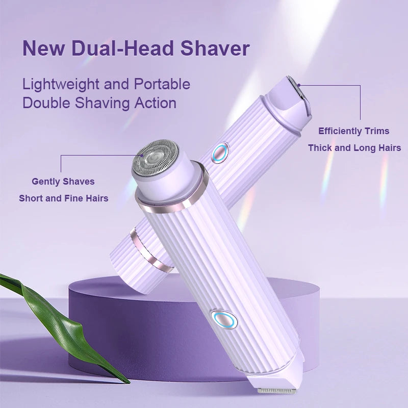 A sleek, dual-headed electric shaver designed for women, featuring a waterproof design and compact size, perfect for travel and efficient grooming.