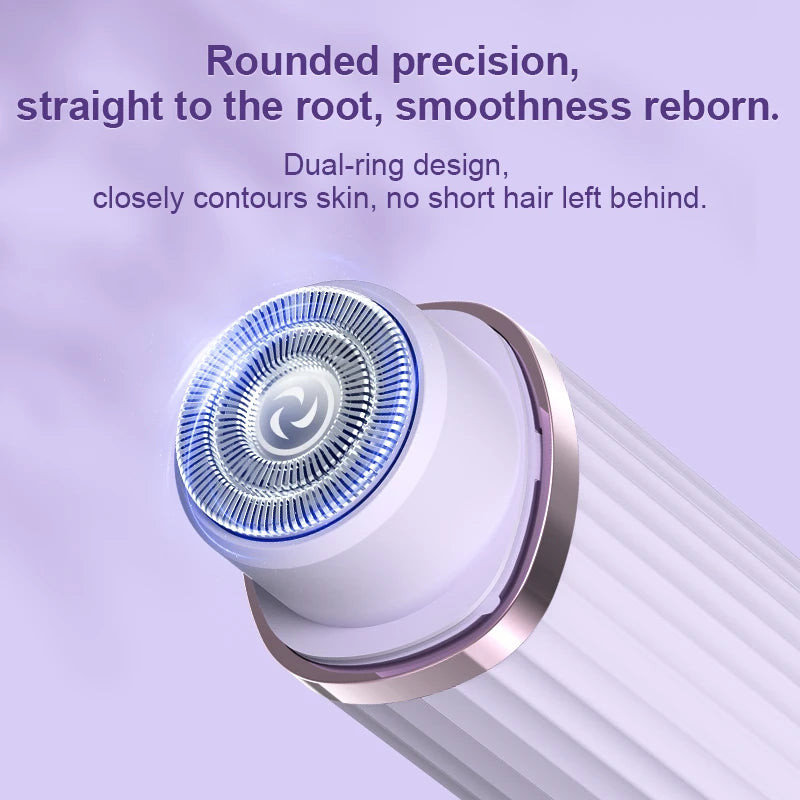 A sleek, dual-headed electric shaver designed for women, featuring a waterproof design and compact size, perfect for travel and efficient grooming.