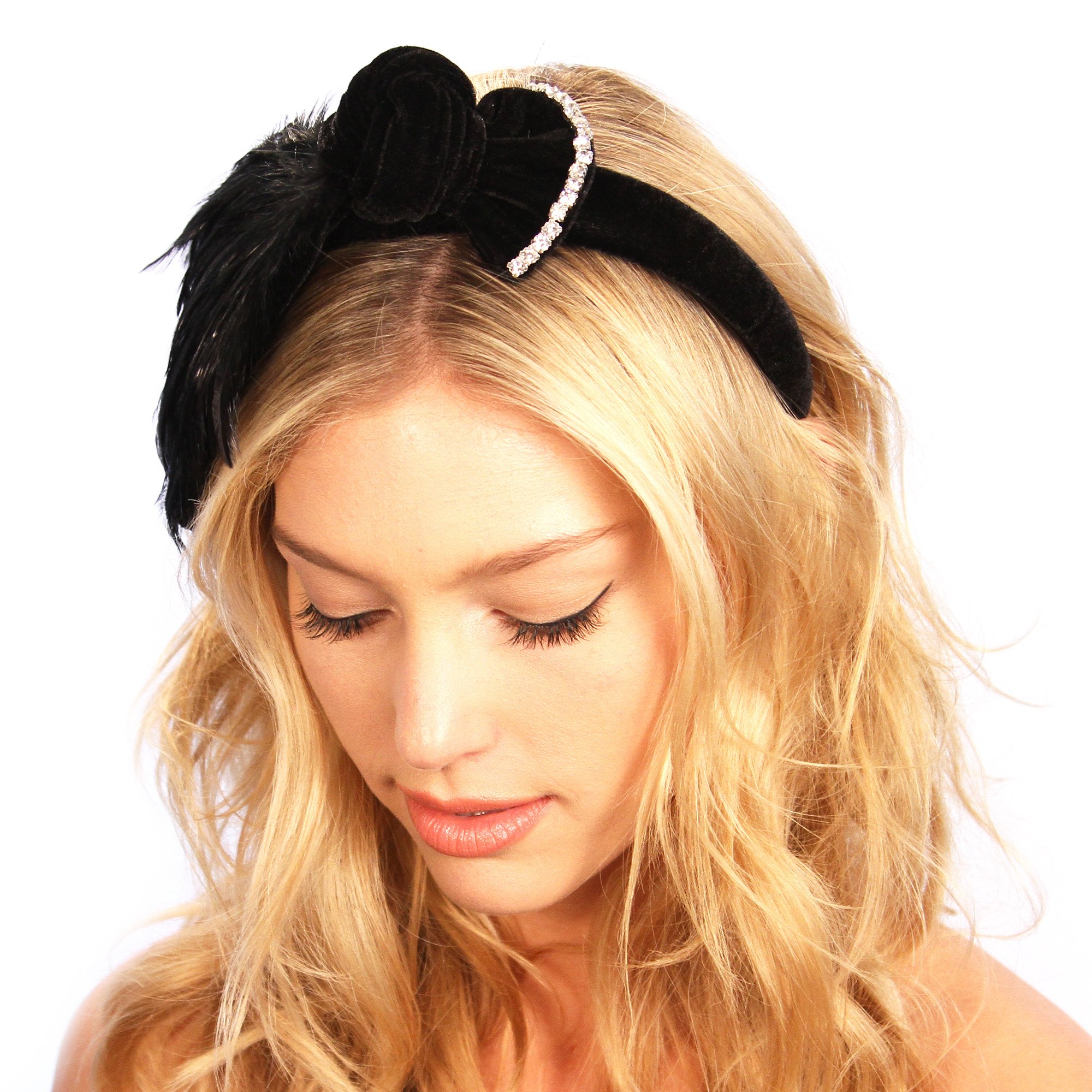 Feathered Bow Headband featuring plush black velvet, a knotted bow, and sparkling glass crystal rhinestones, perfect for elegant outfits.