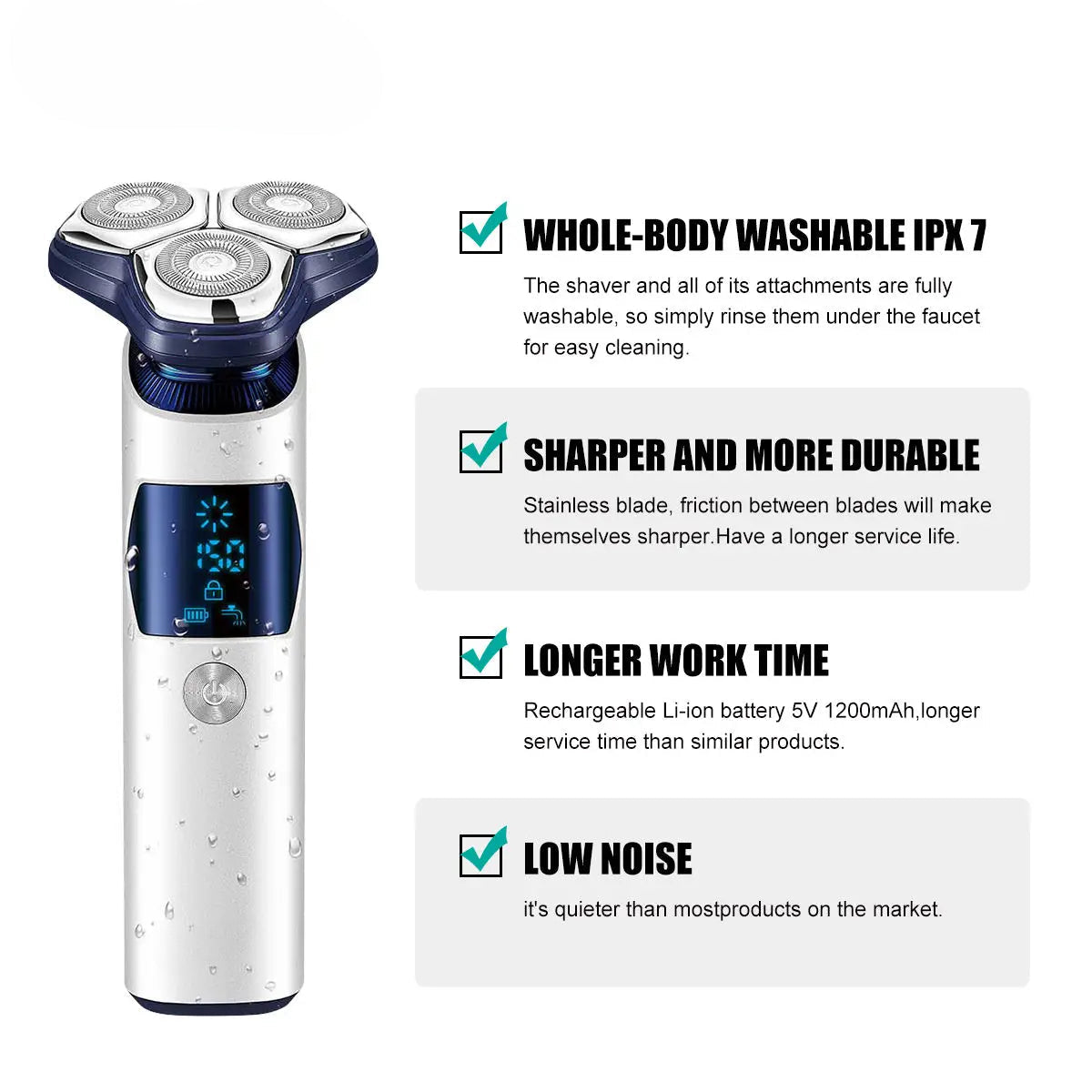 Floating Rotary Blades Shaving Machine with stainless steel blades and waterproof design, includes travel bag and USB charging cable.