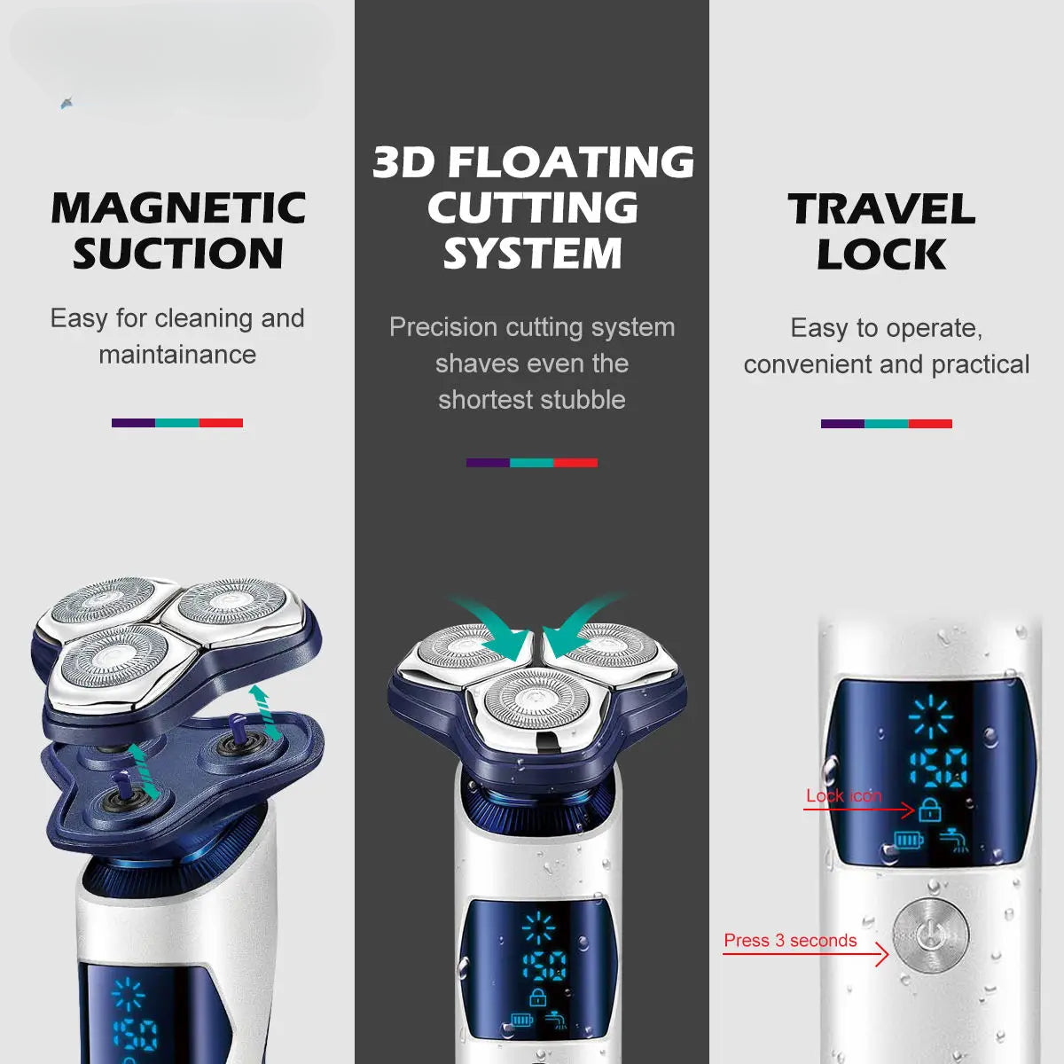 Floating Rotary Blades Shaving Machine with stainless steel blades and waterproof design, includes travel bag and USB charging cable.