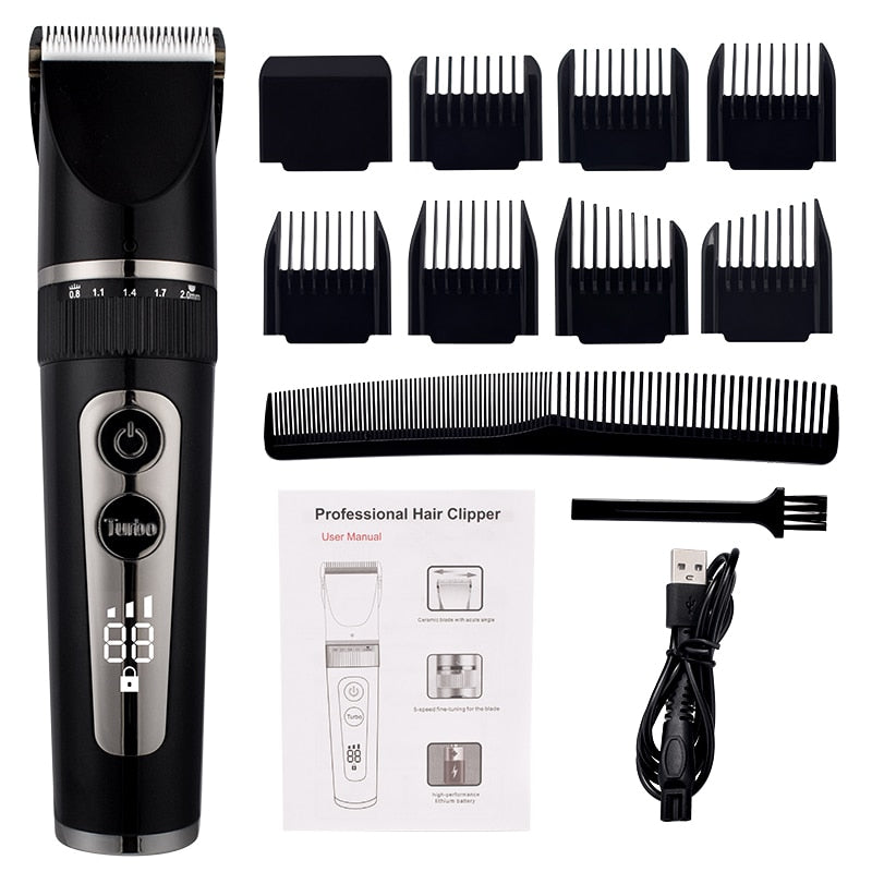 Full Body Washable Electric Hair Clipper with ceramic blades, showcasing its sleek design and adjustable settings.