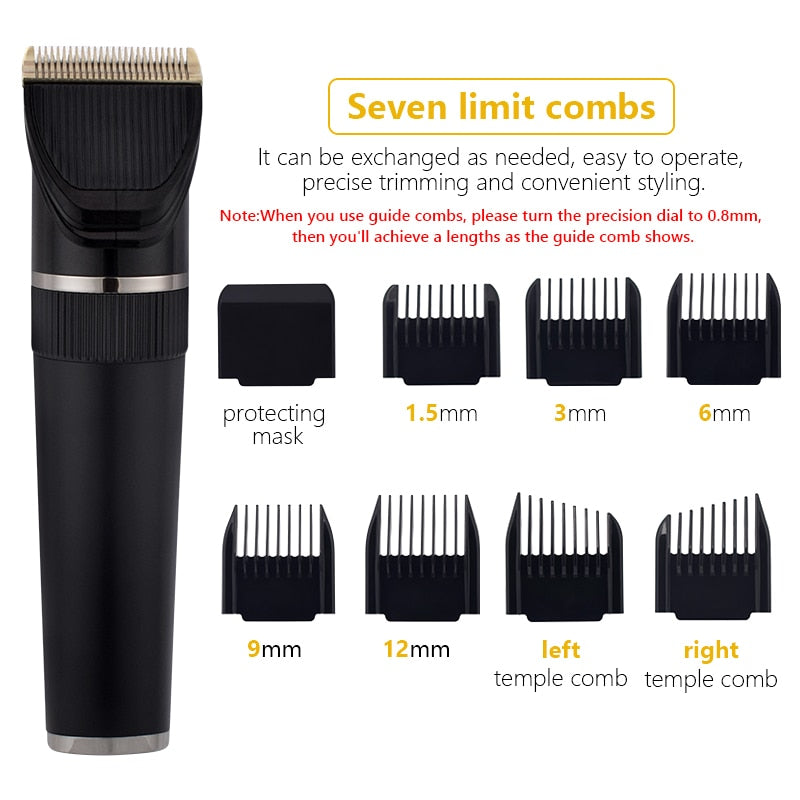 Full Body Washable Electric Hair Clipper with ceramic blades, showcasing its sleek design and adjustable settings.