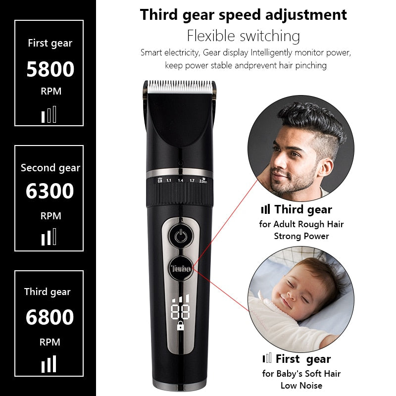 Full Body Washable Electric Hair Clipper with ceramic blades, showcasing its sleek design and adjustable settings.