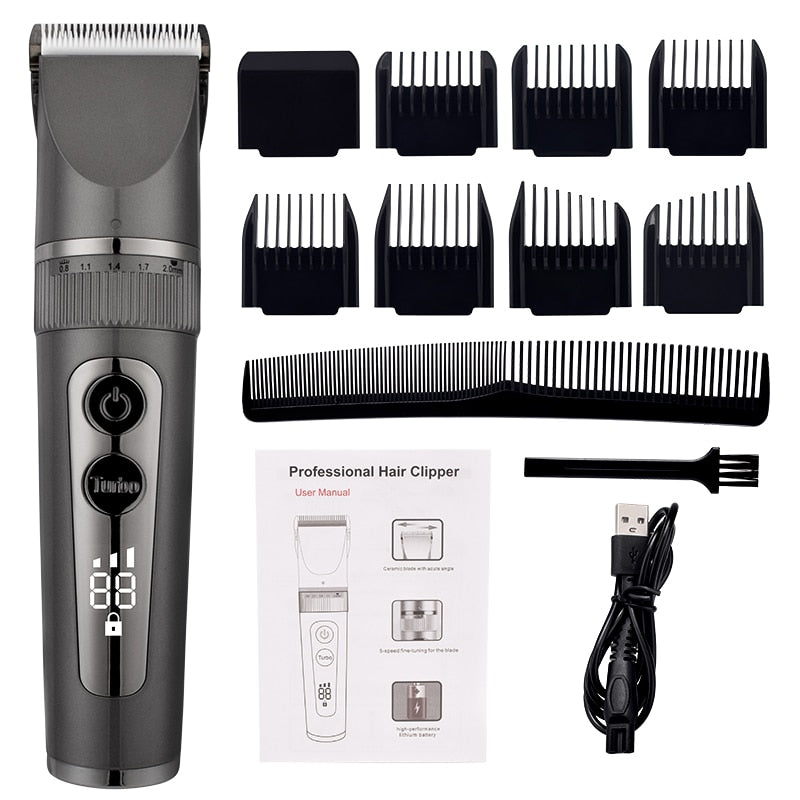 Full Body Washable Electric Hair Clipper with ceramic blades, showcasing its sleek design and adjustable settings.