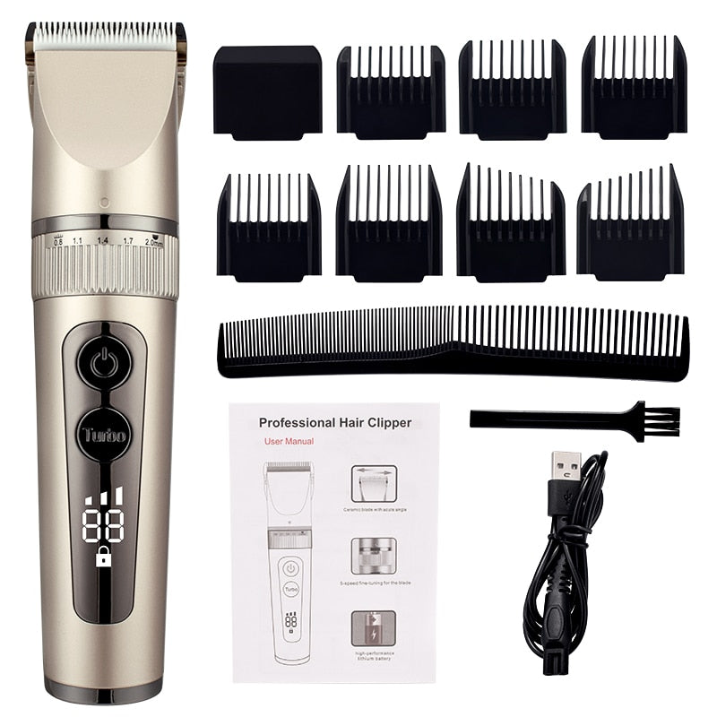 Full Body Washable Electric Hair Clipper with ceramic blades, showcasing its sleek design and adjustable settings.