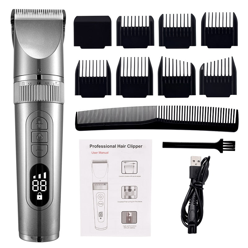 Full Body Washable USB Hair Clipper with ceramic blades, showcasing its sleek design and features.