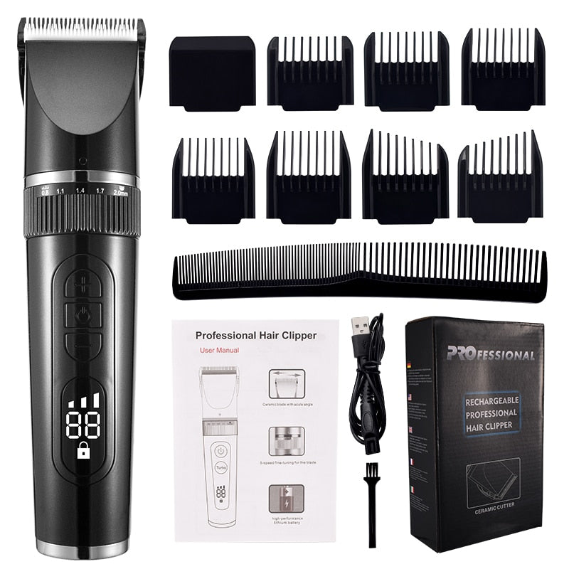 Full Body Washable USB Hair Clipper with ceramic blades, showcasing its sleek design and features.