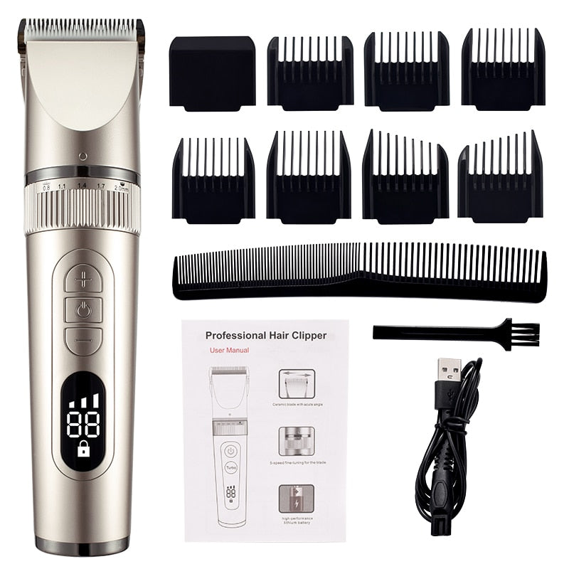 Full Body Washable USB Hair Clipper with ceramic blades, showcasing its sleek design and features.