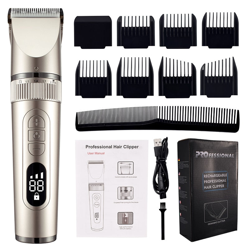 Full Body Washable USB Hair Clipper with ceramic blades, showcasing its sleek design and features.