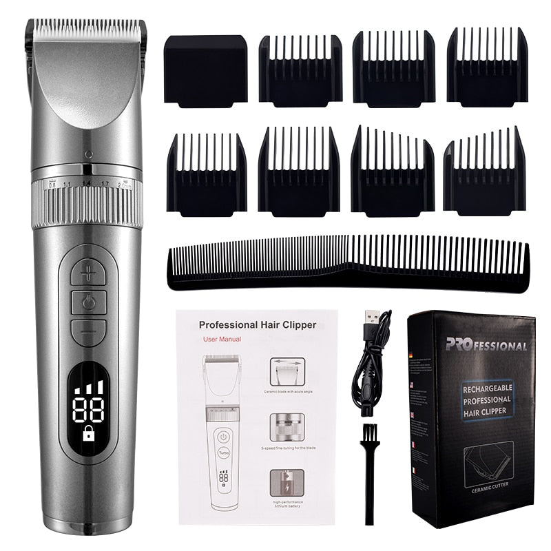 Full Body Washable USB Hair Clipper with ceramic blades, showcasing its sleek design and features.