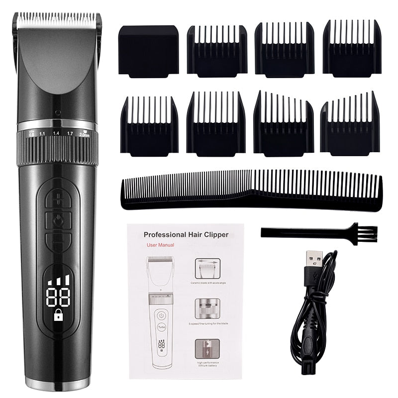 Full Body Washable USB Hair Clipper with ceramic blades, showcasing its sleek design and features.