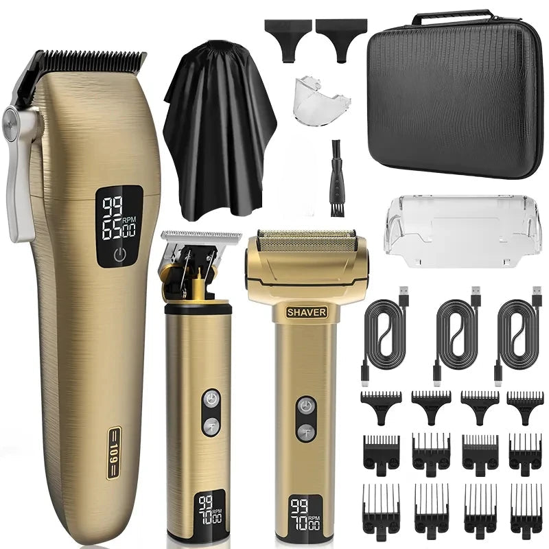 Full Body Waterproof Hair Clipper with accessories including limit combs and USB charging cables, showcasing its professional design and features.